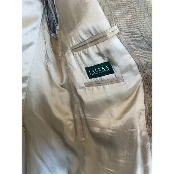 Lauren Ralph Lauren Tan Silk Wool Herringbone Mens Sports Coat Jacket Blazer 44L - Picture 14 of 14